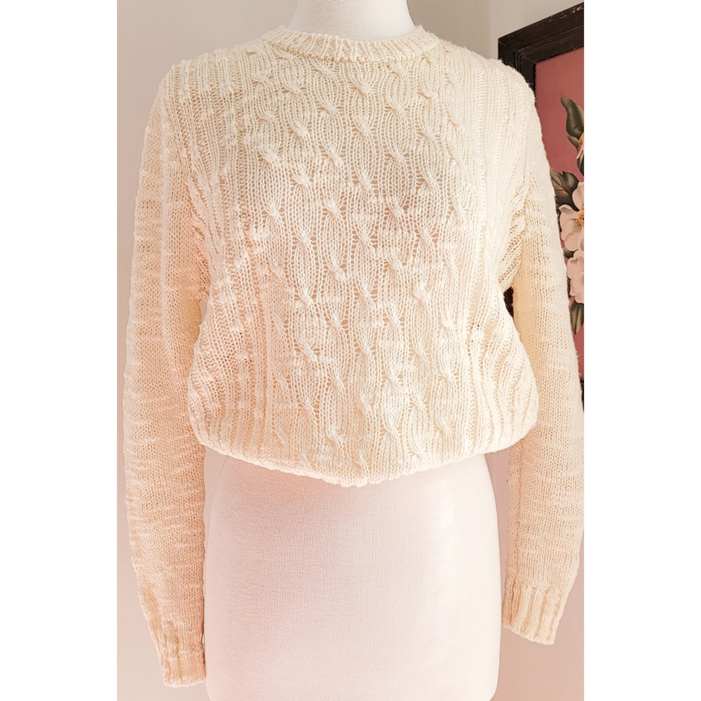 80s Ivory Pointelle Knit Crew Neck Long Sleeve Open Knit Neutral Vintage Sweater - Picture 7 of 14